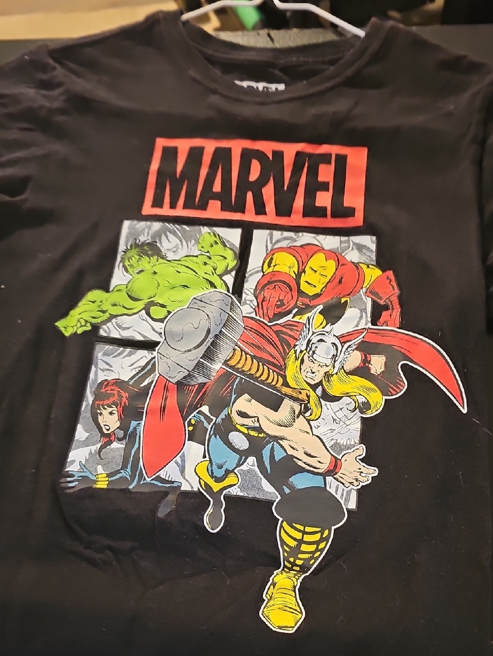 Marvel Black Kids Short Sleeve Tee with Thor, Hulk & Iron Man Graphic